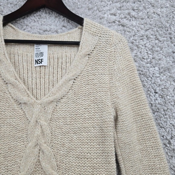 NSF Cable Knit Sweater Womens Medium Beige Alpaca Wool V‑Neck Hand Loomed - Picture 3 of 10